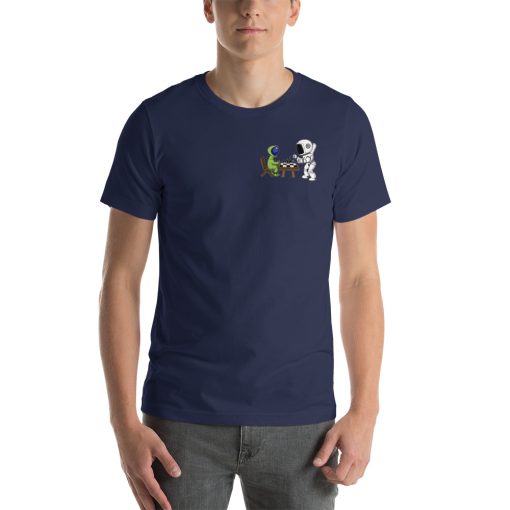 Unisex t-shirt with a picture of an alien and an astronaut playing chess.