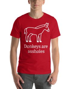 Unisex t-shirt with a picture of a donkey on it. Underneath it says "Donkeys are assholes."