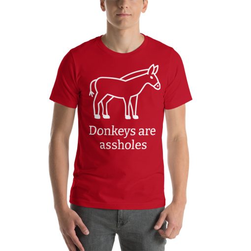 Unisex t-shirt with a picture of a donkey on it. Underneath it says "Donkeys are assholes."