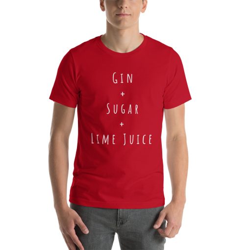 Unisex t-shirt with the recipe for a Gimlet cocktail on it.