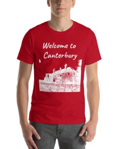 Unisex t-shirt that says "Welcome to Canterbury" on it with a black and white picture of a building in Canterbury.