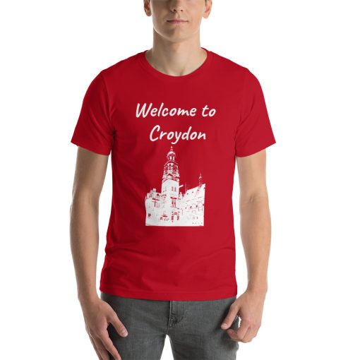 Unisex t-shirt that says "Welcome to Croydon" on it with a black and white picture of a building in Croydon.