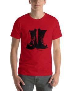 Unisex t-shirt with a pair of old boots on it.