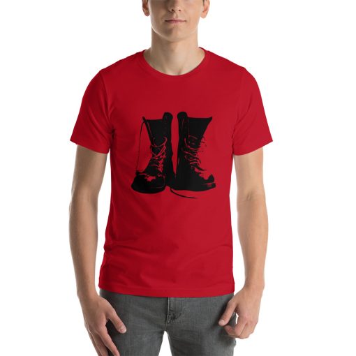 Unisex t-shirt with a pair of old boots on it.