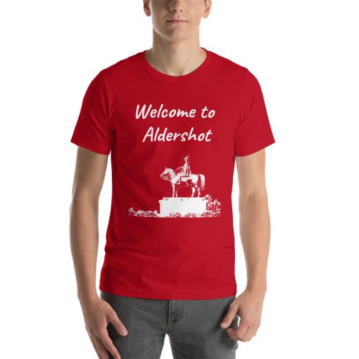 Unisex t-shirt that says "Welcome to Aldershot" on it with a picture of a landmark from Aldershot.