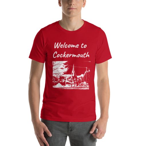 Unisex t-shirt that says "Welcome to Cockermouth" on it with a picture of a landmark from Cockermouth.