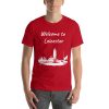 Unisex t-shirt that says "Welcome to Leicester" on it. Underneath is a picture of a landmark from Leicester.