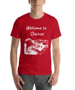 Unisex t-shirt that says "Welcome to Staines" on it. Underneath is a picture of a landmark from Staines.