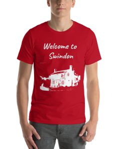 Unisex t-shirt that says "Welcome to Swindon" on it. Underneath is a picture of a landmark from Swindon.