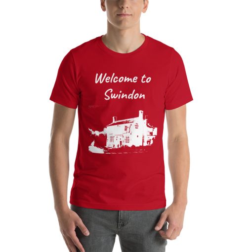 Unisex t-shirt that says "Welcome to Swindon" on it. Underneath is a picture of a landmark from Swindon.