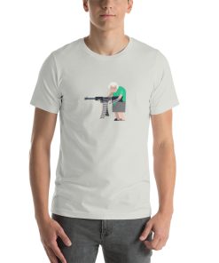 Unisex t-shirt with a picture of an old lady holding a machine gun.