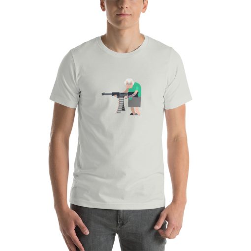 Unisex t-shirt with a picture of an old lady holding a machine gun.