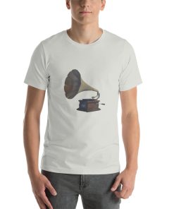 Unisex t-shirt with a picture of an old gramophone on it.