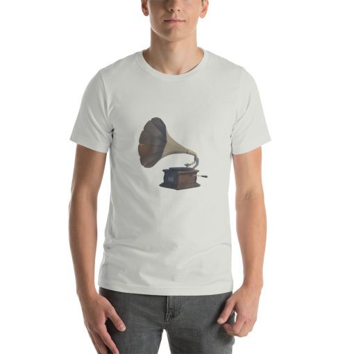 Unisex t-shirt with a picture of an old gramophone on it.