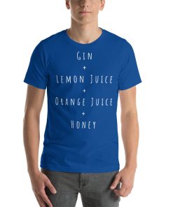 Unisex t-shirt with the recipe for a Bee's Knees cocktail on it.