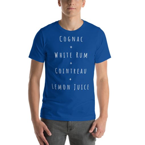 Unisex t-shirt with the recipe for a Between the Sheets cocktail on it.