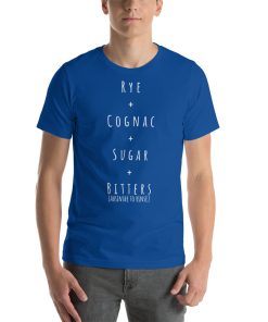 Unisex t-shirt with the recipe for a Sazerac cocktail on it.