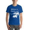 Unisex t-shirt that says "Welcome to Peterborough" on it with a black and white picture of a building in Peterborough.