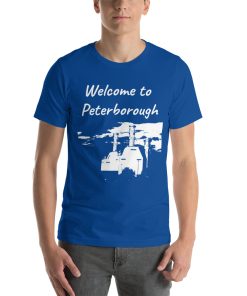 Unisex t-shirt that says "Welcome to Peterborough" on it with a black and white picture of a building in Peterborough.