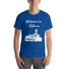 Unisex t-shirt that says "Welcome to Oldham" on it with a black and white picture of a building in Oldham.