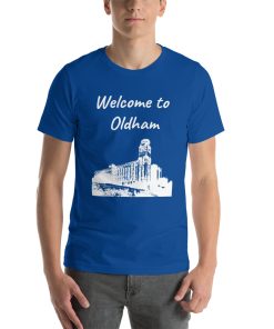 Unisex t-shirt that says "Welcome to Oldham" on it with a black and white picture of a building in Oldham.