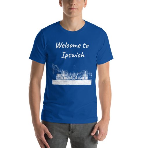 Unisex t-shirt that says "Welcome to Ipswich" with a picture of a landmark from Ipswich.