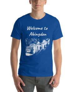 Unisex t-shirt that says "Welcome to Abingdon" with a picture of a landmark from Abingdon.