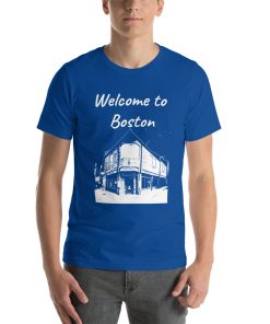 Unisex t-shirt that says "Welcome to Boston" on it with a picture of a landmark from Boston.