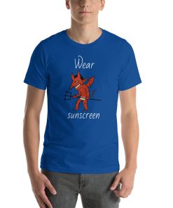 Unisex t-shirt that says "wear sunscreen" with a picture of a red devil character with a tan line.