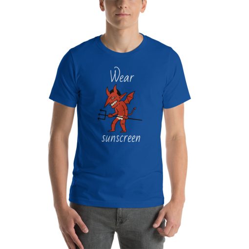 Unisex t-shirt that says "wear sunscreen" with a picture of a red devil character with a tan line.