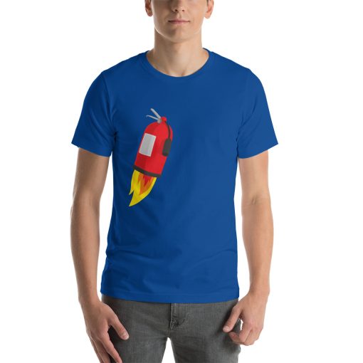 Unisex t-shirt with a picture of a fire extinguisher that's on fire.