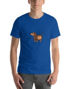 Unisex t-shirt with a picture of a small dog from the back.