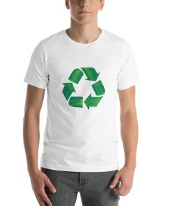 Unisex t-shirt with the recycling symbol on it.