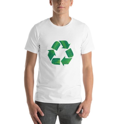 Unisex t-shirt with the recycling symbol on it.