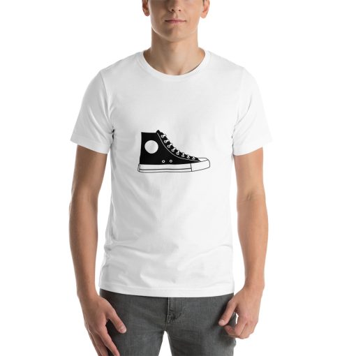 Unisex t-shirt with a picture of a high top Converse shoe on it.