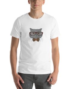 Unisex t-shirt with a picture of a serious looking cat in a bowtie and glasses.