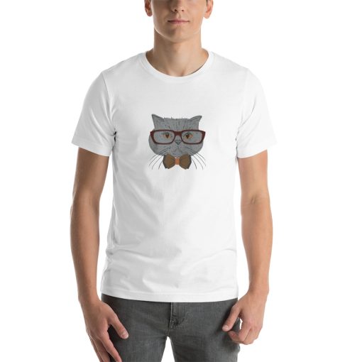 Unisex t-shirt with a picture of a serious looking cat in a bowtie and glasses.