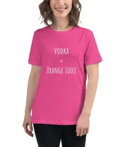 Women's t-shirt with the ingredients for a Screwdriver cocktail written on it.