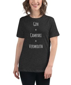 Women's t-shirt with the recipe for a Negroni cocktail on it.