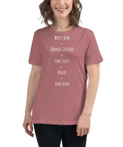 Women's t-shirt with the recipe for a Mai Tai cocktail written on it.