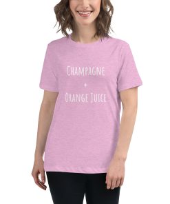 Women's t-shirt with the recipe for a Mimosa printed on it.