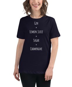 Women's t-shirt with the recipe for a French 75 cocktail on it.