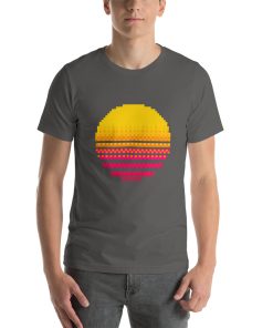 Unisex t-shirt with a picture of a pixelated sunset on it.