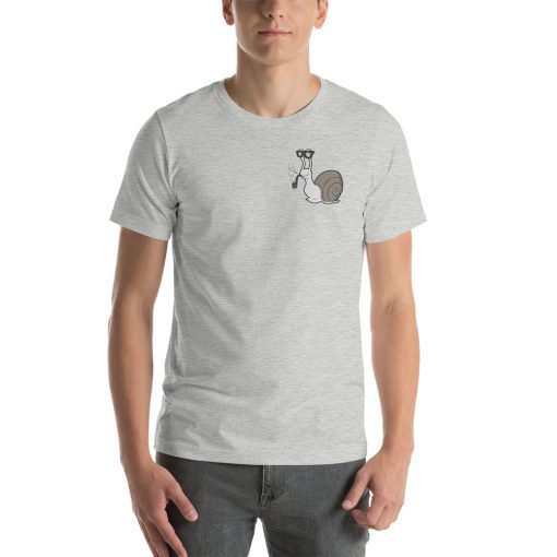 Unisex t-shirt with a picture of a snail in glasses smoking a pipe.