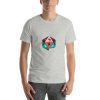 Unisex t-shirt with a picture of a multicoloured 20 sided die on it.