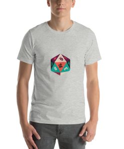 Unisex t-shirt with a picture of a multicoloured 20 sided die on it.