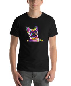 Unisex t-shirt with a picture of a pug in a multicolour style.