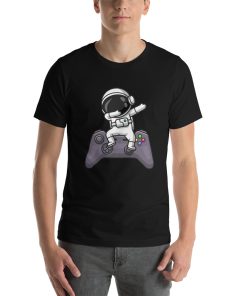 Unisex t-shirt with a picture of an astronaut dancing on a game controller.