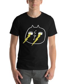 Unisex t-shirt with a poorly drawn cat with lightening shooting out of its eyes on it.