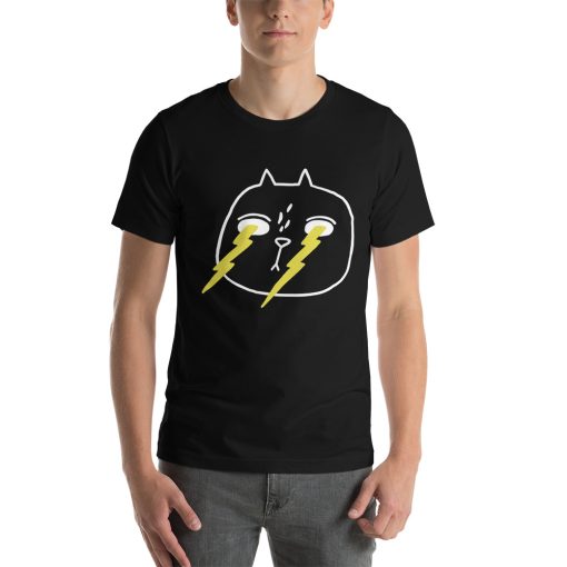 Unisex t-shirt with a poorly drawn cat with lightening shooting out of its eyes on it.